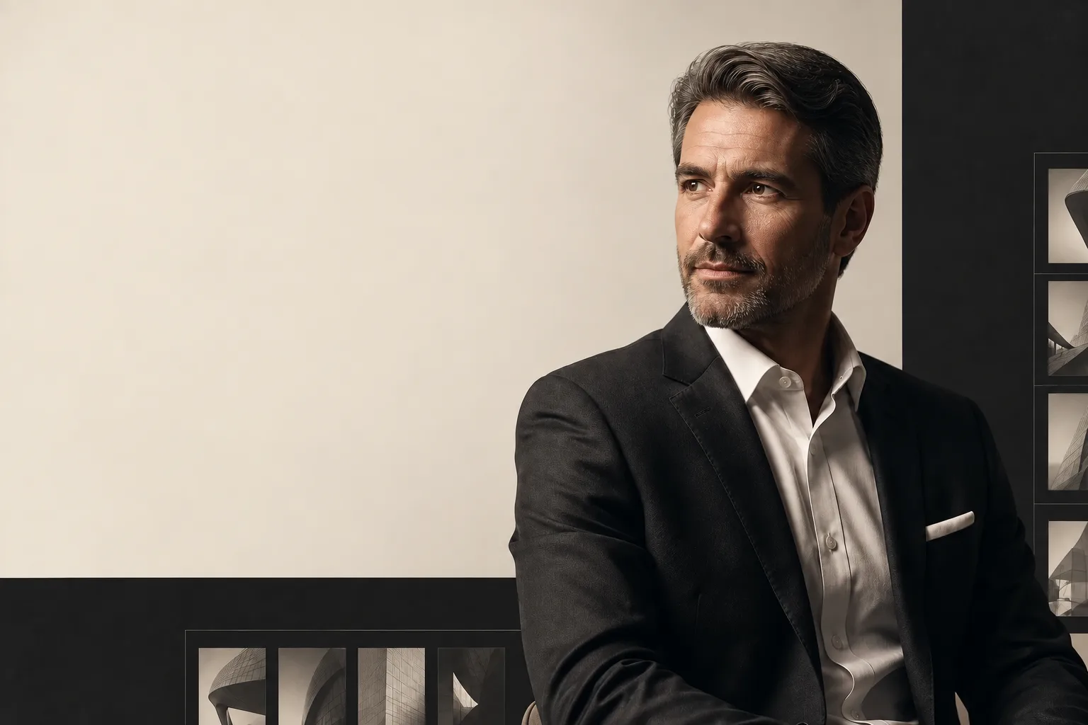 Retrato editorial representativo de homem em terno usado na capa conceitual da Vértice Imagem